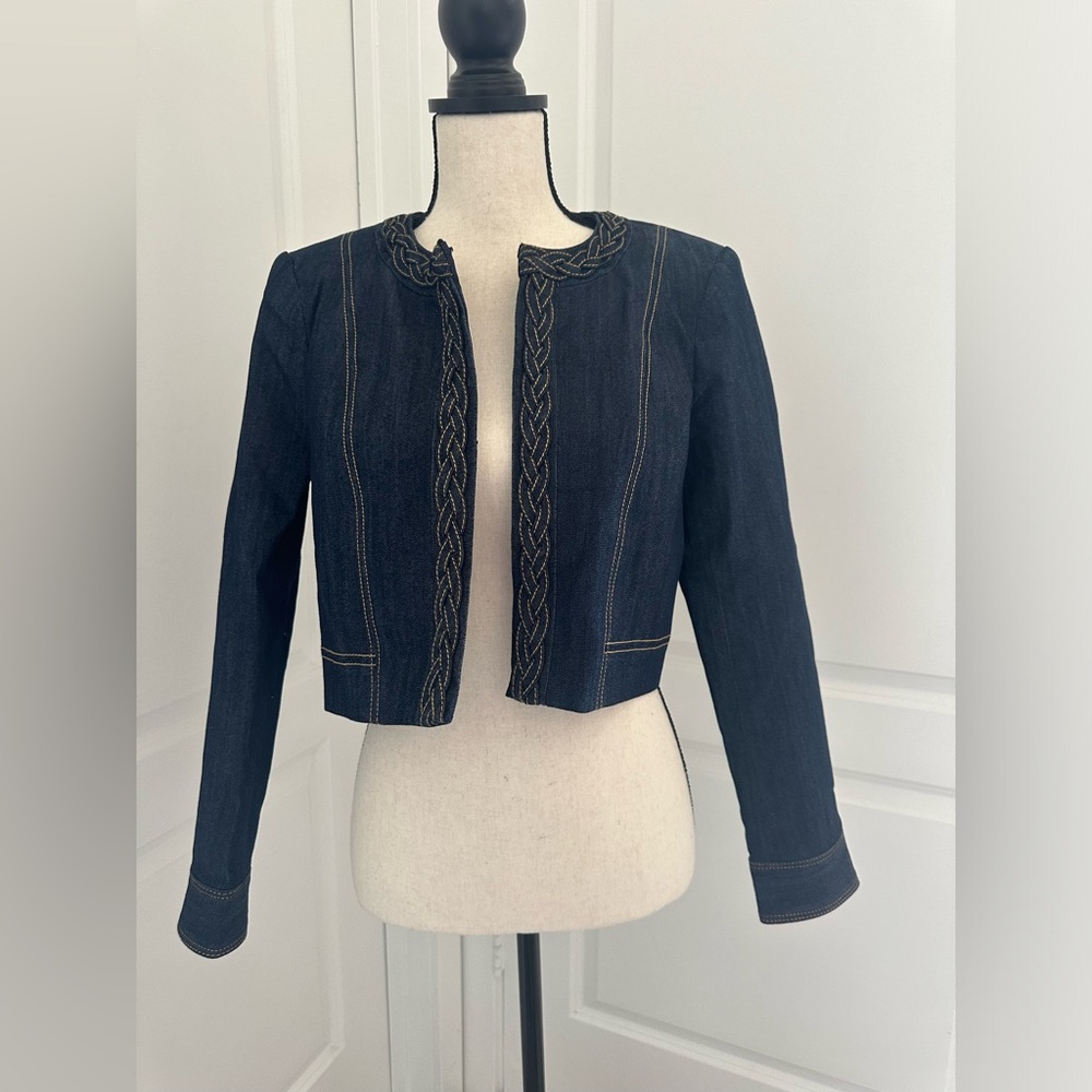 Cinq à Sept Ayala Braided Denim Crop Jacket NWT Size 2 | Indigo Blue